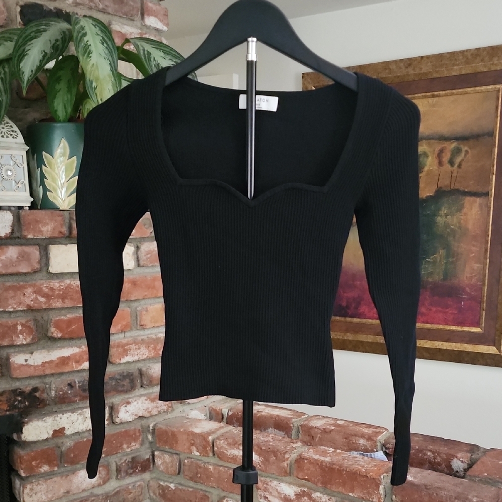 Babaton by Aritzia Black Ribbed Sweetheart Long Sleeve Top 2XS